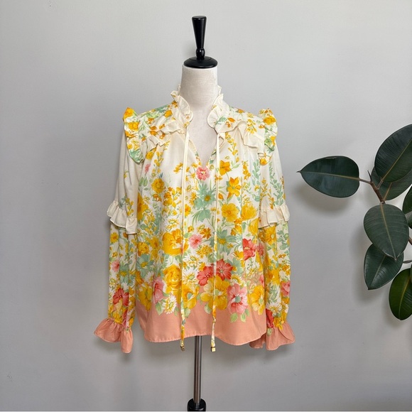 Fate Women's Whimsical Floral Print Ruffled Blouse Yellow Peach Cream Size M - Picture 5 of 11